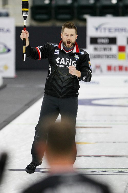 JOHN WOODS / WINNIPEG FREE PRESS
Mike McEwan celebrates defeating the Reid Carruthers team in the Manitoba Men's Curling Championships in Portage La Prairie Sunday, February 12, 2017.

