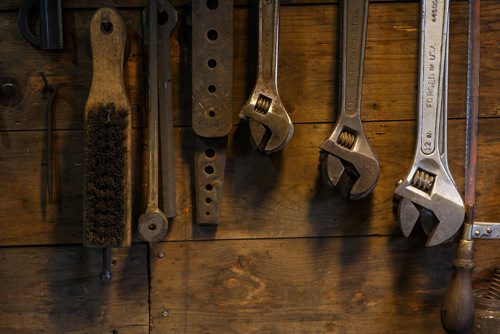 MIKE DEAL / WINNIPEG FREE PRESS
Blacksmith Matt Jenkins owner of Cloverdale Forge.
Tools hang on the wall of the forge.
170131 - Tuesday, January 31, 2017.