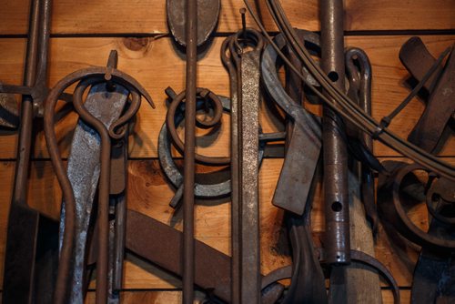 MIKE DEAL / WINNIPEG FREE PRESS
Blacksmith Matt Jenkins owner of Cloverdale Forge.
Various items hang on the wall.
170131 - Tuesday, January 31, 2017.