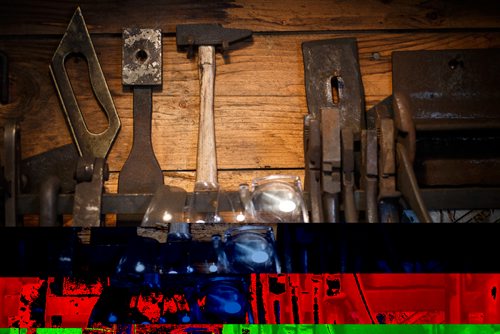 MIKE DEAL / WINNIPEG FREE PRESS
Blacksmith Matt Jenkins owner of Cloverdale Forge.
Tools hang on the wall in the forge.
170131 - Tuesday, January 31, 2017.