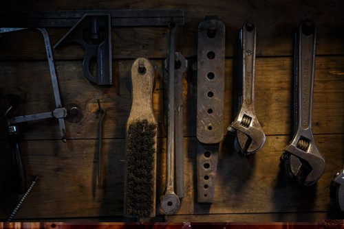 MIKE DEAL / WINNIPEG FREE PRESS
Blacksmith Matt Jenkins owner of Cloverdale Forge.
Tools hang on the wall in the forge.
170131 - Tuesday, January 31, 2017.