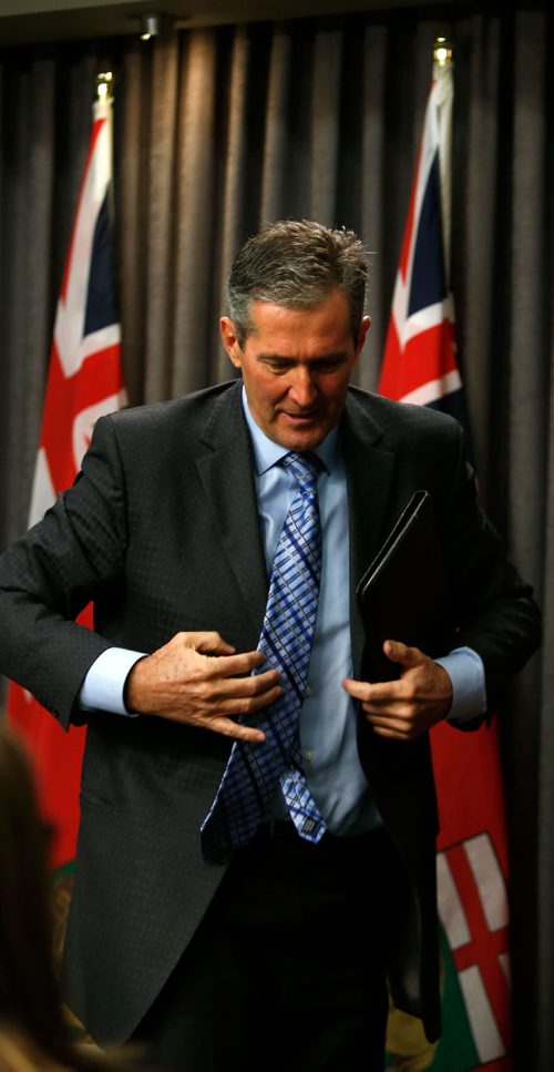 WAYNE GLOWACKI / WINNIPEG FREE PRESS

Premier Brian Pallister leaves the news conference Monday where he  announced the need for a  federal partnership on sustainable health-care funding and other news topics. The news conference was held in the Manitoba Legislative Bld. Nick Martin/Larry Kusch stories  Feb. 13  2017