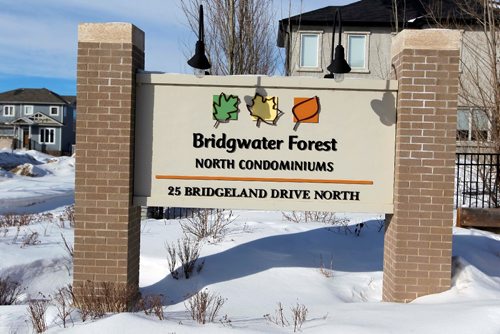 BORIS MINKEVICH / WINNIPEG FREE PRESS
BUSINESS - Bridgwater Forest North Condominiums, 25 Bridgeland Dr. North (Bridgwater Forrest). Shot of the address sign of this approximately three-year-old condo complex. Its to go with a story on how MLS sales were down slightly last month, despite a 36-per-cent year-over-year increase in condo sales. MURRAY MCNEILL STORY. Feb. 13, 2017