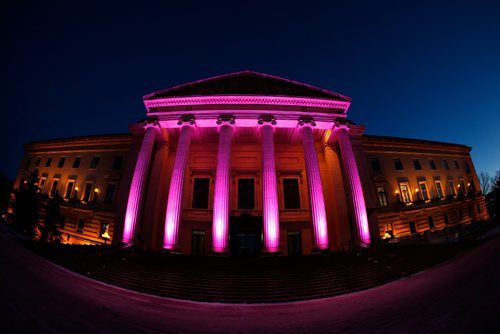 JOHN WOODS / WINNIPEG FREE PRESS
The Manitoba Legislature was lit up in pink at a celebration of the 20th anniversary of the Chemo Savvy Breast Cancer Dragon Boat team, Monday, February 13, 2017.