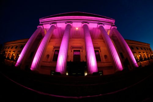 JOHN WOODS / WINNIPEG FREE PRESS
The Manitoba Legislature was lit up in pink at a celebration of the 20th anniversary of the Chemo Savvy Breast Cancer Dragon Boat team, Monday, February 13, 2017.