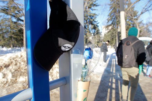 BORIS MINKEVICH / WINNIPEG FREE PRESS
Memorial at the U of M at the bus stop where Winnipeg Transit driver Irvine Jubal Fraser was murdered. Feb. 15, 2017