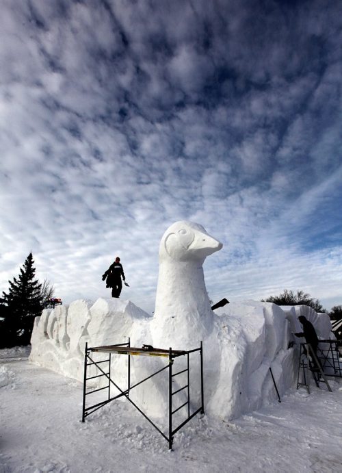 PHIL HOSSACK / WINNIPEG FREE PRESS  -   Local Sculptors finish up a giant "Snow" Goose which will serve as the main gate to the Festival du Voyageur at Whittier Park which open's tomorrow (Friday).  - February 16, 2017