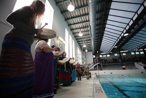 RUTH BONNEVILLE / WINNIPEG FREE PRESS

A local drumming group  perform  in the official opening of the Sherbrook Pool  Saturday.  
See Kevin Rollason's story.  
Feb 18, 2017
