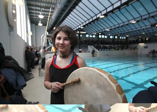 RUTH BONNEVILLE / WINNIPEG FREE PRESS

Tyler Richot (12yrs) with a group from Art City is all smiles as she takes part with a drumming group to drum in the official opening of the Sherbrook Pool  Saturday.  
See Kevin Rollason's story.  
Feb 18, 2017
