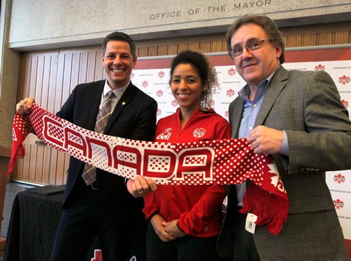 BORIS MINKEVICH/WINNIPEG FREE PRESS
From left: Mayor Brian Bowman, Canadian team member Desiree Scott and Peter Muir, president of the Manitoba Soccer Association, at the press conference at City Hall announcing an international friendly between Canada and Costa Rica. Feburary 21, 2017