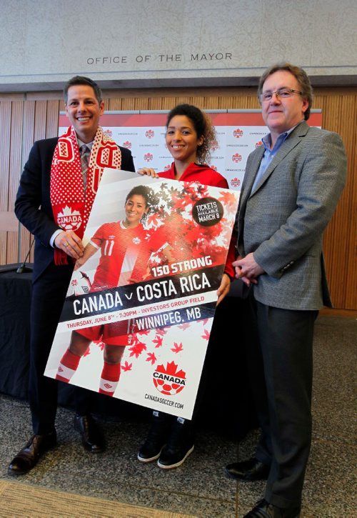 BORIS MINKEVICH/WINNIPEG FREE PRESS
From left: Mayor Brian Bowman, Canadian team member Desiree Scott and Peter Muir, president of the Manitoba Soccer Association, at the press conference at City Hall announcing an international friendly between Canada and Costa Rica. Feburary 21, 2017