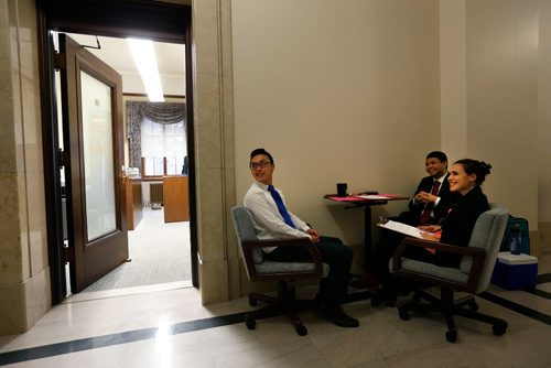 WAYNE GLOWACKI / WINNIPEG FREE PRESS

Cindy Lamoureux, Liberal Immigration Critic and MLA for Burrows is taking part in a sit-in at the door of the Minister Responsible for Immigration in the Legislative Building Wednesday demanding action on the Provincial Nominee Program in Manitoba. She is with her staff members in the hallway.¤Nick Martin story Feb. 22   2017