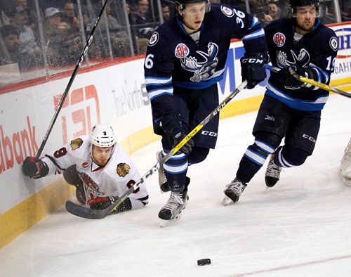 PHIL HOSSACK / WINNIPEG FREE PRESS  -  Manitoba Moose #36 Nelson Nogier and #19 Chase de Leo leave Rockford Icehog's # 9 Tyler Motte in a spray of ice and out of the play in the Moose end zone Wednesday. Mike McIntrye story.  - February 22, 2017