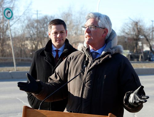 WAYNE GLOWACKI / WINNIPEG FREE PRESS

At right, Jim Carr, Minister of Natural Resources and MP for Winnipeg South Centre and Mayor Brian Bowman on Provencher Blvd. Friday for the announcement the Government of Canada, the province of Manitoba and the city of Winnipeg will invest $105 million in over 150 roadwork construction projects in Winnipeg this year.  Feb. 24   2017