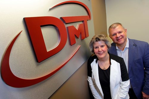 BORIS MINKEVICH / WINNIPEG FREE PRESS
DMT Technologies, at 500 One Research Road (U of M Smartpark). From left: Sharon and Glen Demetrioff pose for a photo in front of the company logo at their business. For Manitoba 150, business innovators, a look at innovations/milestones past, present and future. DMT supplies the global automotive industry with online sales, lead generation and media websites. February 24, 2017