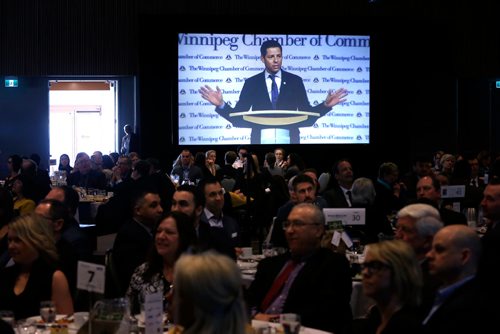 WAYNE GLOWACKI / WINNIPEG FREE PRESS

Mayor Brian Bowman is projected on a large screen as he presents his annual State of the City Address to the Winnipeg Chamber of Commerce at a luncheon Friday in the RBC Convention Centre. Dan Lett/ Aldo Santin stories  Feb. 24   2017