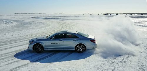 TREVOR HAGAN / WINNIPEG FREE PRESS
A frame grab from video. Automotive journalists from across Canada taking part in the Mercedes AMG Winter Driving Academy event on Lake Winnipeg at Gimli Manitoba, Friday, February 15, 2017. A few different AMG models were available with studded tires to try on 3 famous race tracks recreated on the ice. Each car ran studded tires with about 400 studs per tire.