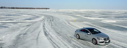 TREVOR HAGAN / WINNIPEG FREE PRESS
Automotive journalists from across Canada taking part in the Mercedes AMG Winter Driving Academy event on Lake Winnipeg at Gimli Manitoba, Friday, February 15, 2017. A few different AMG models were available with studded tires to try on 3 famous race tracks recreated on the ice. Each car ran studded tires with about 400 studs per tire.