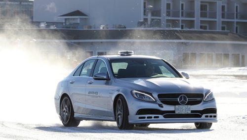 TREVOR HAGAN / WINNIPEG FREE PRESS
Automotive journalists from across Canada taking part in the Mercedes AMG Winter Driving Academy event on Lake Winnipeg at Gimli Manitoba, Friday, February 15, 2017. A few different AMG models were available with studded tires to try on 3 famous race tracks recreated on the ice. Each car ran studded tires with about 400 studs per tire.