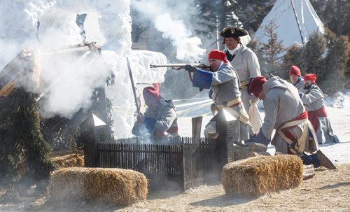 MIKE DEAL / WINNIPEG FREE PRESS
Costumed interpreters re-enact a Red River Skirmish to the delight of the gathered crowd at Fort Gibraltar on the Festival du Voyageurs last day. Using flintlock muskets and black powder the actors demonstrated how a battle might have been fought between the members of La Compagnie de La Vérendrye and The Forces of Lord Selkirk in the 18th and early 19th century. 
170226 - Sunday, February 26, 2017.