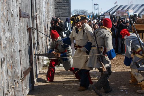 MIKE DEAL / WINNIPEG FREE PRESS
Costumed interpreters re-enact a Red River Skirmish to the delight of the gathered crowd at Fort Gibraltar on the Festival du Voyageurs last day. Using flintlock muskets and black powder the actors demonstrated how a battle might have been fought between the members of La Compagnie de La Vérendrye and The Forces of Lord Selkirk in the 18th and early 19th century. 
170226 - Sunday, February 26, 2017.