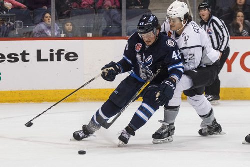 MIKE DEAL / WINNIPEG FREE PRESS
Manitoba Moose' Brendan Lemieux (48) is checked from behind by San Antonio Rampage' Mason Geertsen (2) in AHL season action at the MTS Centre Sunday afternoon. 
170226 - Sunday, February 26, 2017.