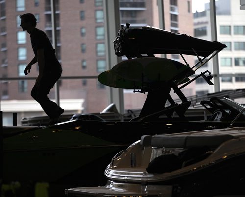 PHIL HOSSACK / WINNIPEG FREE PRESS  -  Workers uncrate and set up a canopy on one of the many boats being set up for this week's Boat Show at the Convention Centre. See Willy's story.  - February 27, 2017