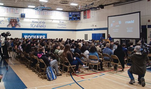 Canstar Community News Feb. 23, 2017 - Hundreds of River East Collegiate students viewed the debut of MADD Canada's "In the Blink of an Eye" assembly video this morning. They also heard Patricia Haynes-Coates, MADD Canada National President, tell the moving story of losing her son Nicholas to a drunk driver. (SHELDON BIRNIE/CANSTAR/THE HERALD)