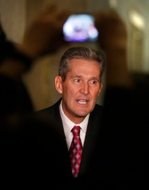 WAYNE GLOWACKI / WINNIPEG FREE PRESS

Premier Brian Pallister in media scrum after question period Wednesday in the Manitoba Legislature.   Nick Martin/ Larry Kusch Story    March 1   2017