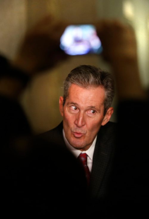 WAYNE GLOWACKI / WINNIPEG FREE PRESS

Premier Brian Pallister in media scrum after question period Wednesday in the Manitoba Legislature.   Nick Martin/ Larry Kusch Story    March 1   2017