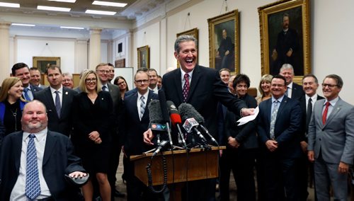 WAYNE GLOWACKI / WINNIPEG FREE PRESS

Premier Brian Pallister and conservative MLAs at news conference Wednesday prior to the question period in the Manitoba Legislature Wednesday. Nick Martin /Larry Kusch stories March 1   2017