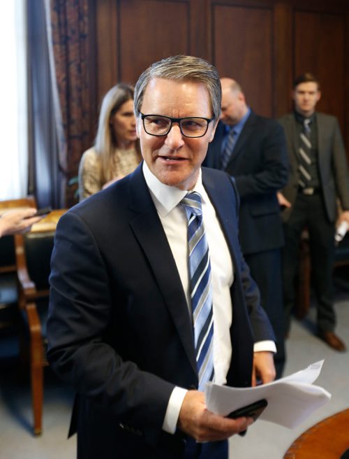 WAYNE GLOWACKI / WINNIPEG FREE PRESS

Finance Minister Cameron Friesen arrives at the news conference Thursday regarding the budget 2017 date and update on the work of the Advisory Panel on Fiscal Performance. Nick Martin  story March 2   2017