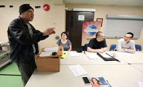 JASON HALSTEAD / WINNIPEG FREE PRESS

Roland Headley (left) of the Friendly Time Toastmasters Club speaks at St. Edwards Church in the West End on March 4, 2017. The 12-member group that gets together at the church every second Saturday.
RE: Sanderson Intersection story