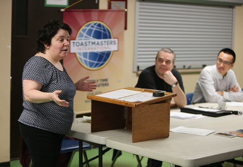 JASON HALSTEAD / WINNIPEG FREE PRESS

Silvie Held (left) of the Friendly Time Toastmasters Club speaks at St. Edwards Church in the West End on March 4, 2017. The 12-member group that gets together at the church every second Saturday.
RE: Sanderson Intersection story