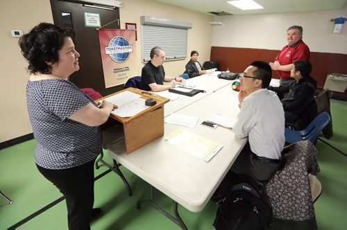 JASON HALSTEAD / WINNIPEG FREE PRESS

Silvie Held (left) of the Friendly Time Toastmasters Club speaks at St. Edwards Church in the West End on March 4, 2017. The 12-member group that gets together at the church every second Saturday.
RE: Sanderson Intersection story