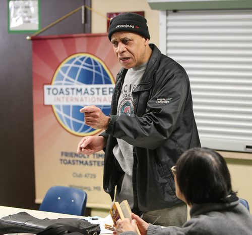 JASON HALSTEAD / WINNIPEG FREE PRESS

Roland Headley of the Friendly Time Toastmasters Club speaks at St. Edwards Church in the West End on March 4, 2017. The 12-member group that gets together at the church every second Saturday.
RE: Sanderson Intersection story