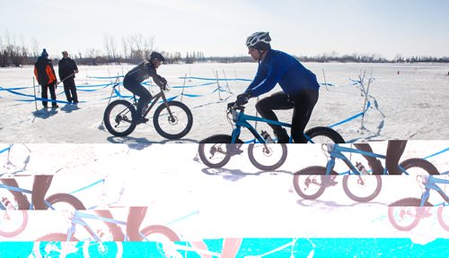 MIKE DEAL / WINNIPEG FREE PRESS
Gilles Paquette (centre) and Mark Kleinholz (right) take part in the 17th annual Ice Bike race held at FortWhyte Alive.
170305 - Sunday, March 05, 2017.