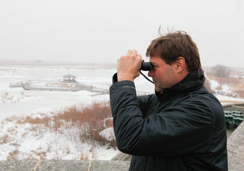 BORIS MINKEVICH / WINNIPEG FREE PRESS
Canada geese have returned to Manitoba earlier than usual. The return was marked by Oak Hammock Marsh as being earliest in 22 years (that has been recorded by the centre). Jacques Bourgeois, Oak Hammock's marketing co-ordinator poses for some photos from the top observatory deck of the facility. ASHLEY PREST SPORY March 6, 2017 170306