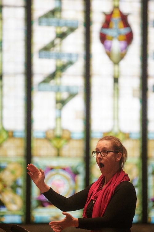 MIKE DEAL / WINNIPEG FREE PRESS
Alice Russell the conductor for the Westwood Collegiate Chamber Choir during a performance in the Westminster United Church Monday afternoon as part of the 99th annual Winnipeg Music Festival which goes until March 19th.
170306 - Monday, March 06, 2017.