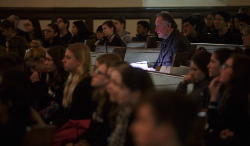 MIKE DEAL / WINNIPEG FREE PRESS
Adjudicator Derek Morphy watches as one of the grades 9-12 school choirs performs in the Westminster United Church Monday afternoon during the 99th annual Winnipeg Music Festival which goes until March 19th.
170306 - Monday, March 06, 2017.