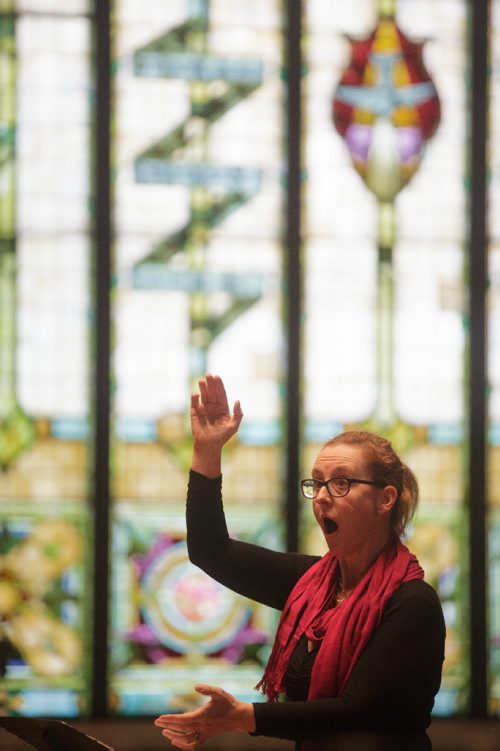 MIKE DEAL / WINNIPEG FREE PRESS
Alice Russell the conductor for the Westwood Collegiate Chamber Choir during a performance in the Westminster United Church Monday afternoon as part of the 99th annual Winnipeg Music Festival which goes until March 19th.
170306 - Monday, March 06, 2017.