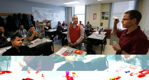 WAYNE GLOWACKI / WINNIPEG FREE PRESS

At right, is English language instructor Floyd Yewchan with his class including Farhan Alfaraeij, standing, and Wasel Alanis seated at left during their class that is part of the new construction skills pilot program that was announced Tuesday by the Province of Manitoba and Red River College. The RRC's Language Training is in the South Wing 123 Main Street (Via Rail Station).  For Bill Redekop  story  March 7    2017