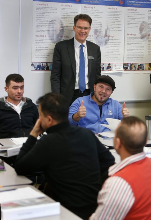 WAYNE GLOWACKI / WINNIPEG FREE PRESS

 Red River College President and CEO Paul Vogt is introduced to students in the english language class part of the new construction skills pilot program that was announced Tuesday by the Province of Manitoba and Red River College. The RRC's Language Training is in the South Wing 123 Main Street (Via Rail Station).  For Bill Redekop  story  March 7    2017