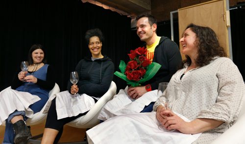 WAYNE GLOWACKI / WINNIPEG FREE PRESS

From right, Rebecca Auerbach, Michael Torontow, Alana Hibbert  and Sarite Harris, actors performing in Bittergirl: The Musical, a show at the RMTC about coming through a breakup . This  photo was taken in the rehearsal hall in the RMTC. Randall King story  March 7    2017