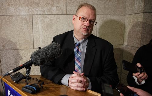 MIKE DEAL / WINNIPEG FREE PRESS
Kelvin Goertzen the Health, Seniors and Active Living Minister during a scrum with media after question period discussing the announcement regarding proposed amendments to The Regulated Health Professions Act.
170307 - Tuesday, March 07, 2017.