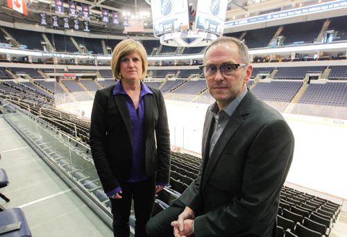 BORIS MINKEVICH / WINNIPEG FREE PRESS
LOCAL - From left: Ticketmaster COO Canada, Patti-Anne Tarlton and Senior Vice President, Venues & Entertainment for True North Sports + Entertainment, Kevin Donnelly pose for a photo in the MTS Centre. Story on ticket resales. Kevin Rollason story. March 8, 2017 170308