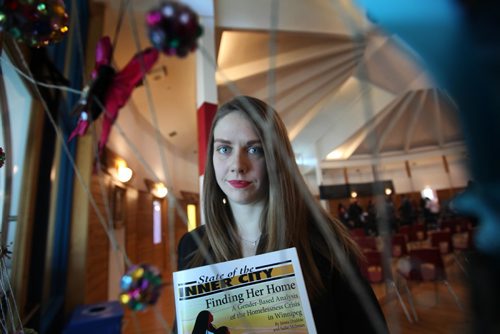 RUTH BONNEVILLE / WINNIPEG FREE PRESS

Jenna Drabble is the author of Finding Her Home: a gender - based analysis of the homelessness crisis in Winnipeg launched on International Womens Day at  Circle of Life Thunderbird House. 
Portrait of Drabble taken after the launch of study next to dream catcher in window.  
See Jen Zoratti's story.  

  March 07, 2017