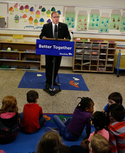WAYNE GLOWACKI / WINNIPEG FREE PRESS

Families Minister Scott Fielding in the  pre-schooler classroom at Provencher School Thursday to announce new child-care spaces and improvements to the licensed early learning and child-care system. Nick Martin story March 9    2017