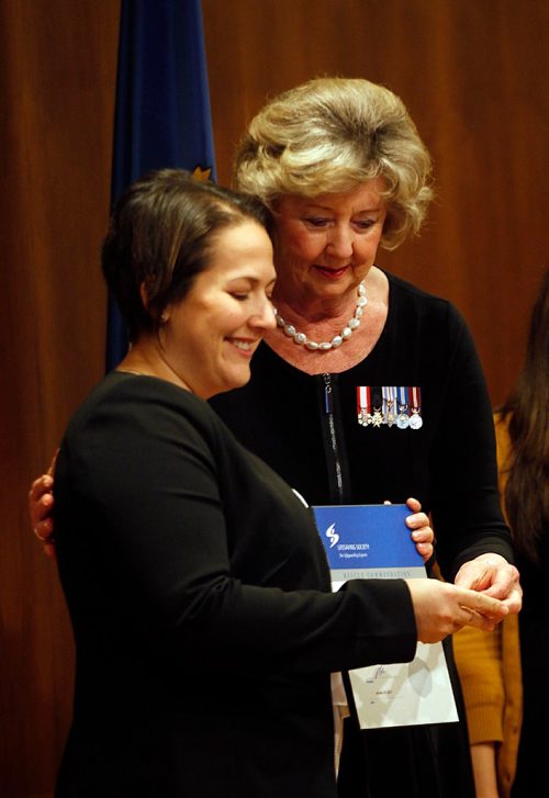 PHIL HOSSACK / WINNIPEG FREE PRESS  -  Her Honor Janice FIlmon presents Dr Angelle Downey with an award for her part in saving a drowning man and his daughter at Rushing River in September 2015. She and her husband Tim Downey (unable to be present for his presentation) both took part in the rescue and were honored by theLife Saving Society of Manitoba. See release. -  March 9, 2017