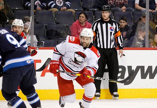 PHIL HOSSACK / WINNIPEG FREE PRESS  - AHL referee Chris Schlenker oversees a game between the Manitoba Moose and the Charlotte Checkers Thursday evening at the MTS Centre. See Mike Sawatzky story.  story. . -  March 3, 2017